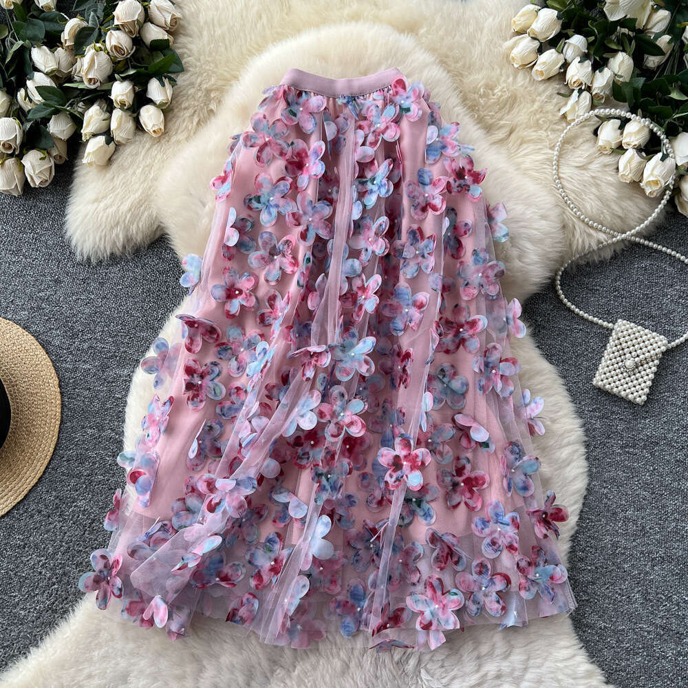 Designer Fairy Heavy Pearl 3D Flower Mesh Skirt 2026 Autumn/Winter French Gentle Style Versatile