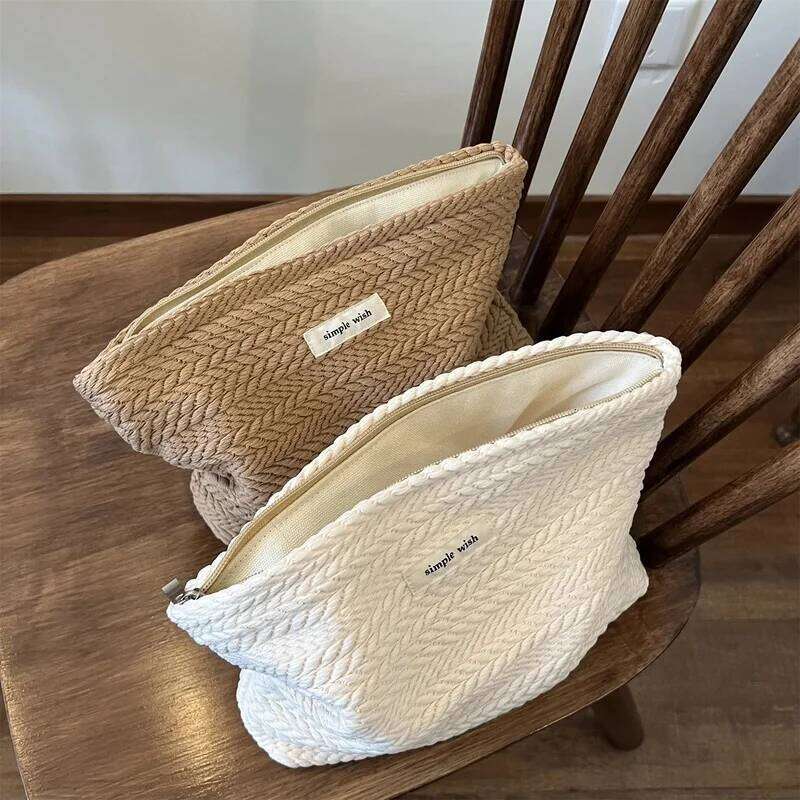 Handwoven Cotton Makeup Bag Artistic Crochet Cosmetic Pouch with Zipper, Minimalist Clutch for Women XJ260310