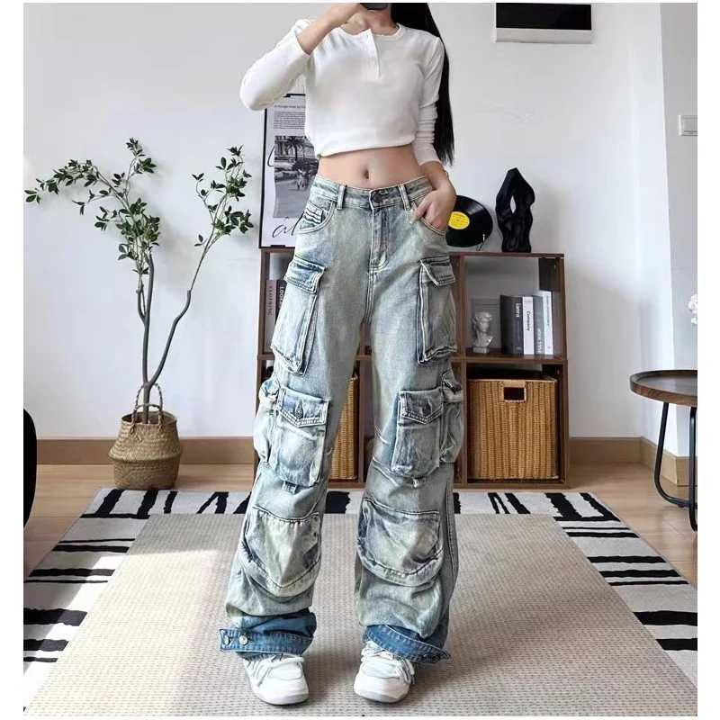 Women Y2k Jeans Fall Trendy Oversized Pocket Design Distressed Wash Vintage Cargo Jeans Loose Fit Denim Pants M260310