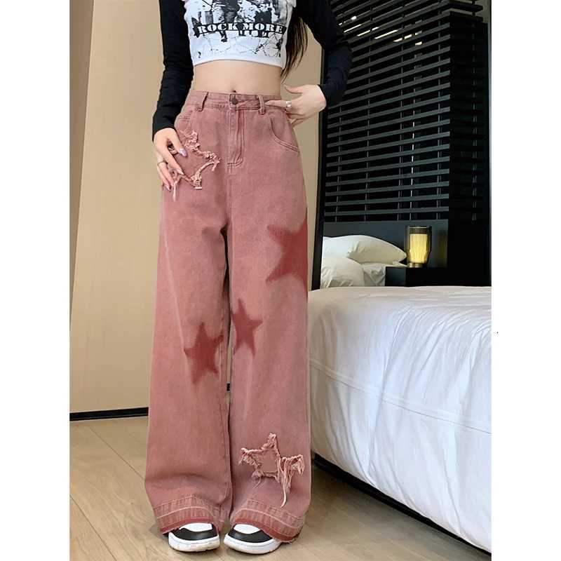 Women Streetwear Pink Jeans Vintage Star Print High Waisted American Retro Wide Leg Denim Pants Hip-hop Straight Y2K TrousersT260310