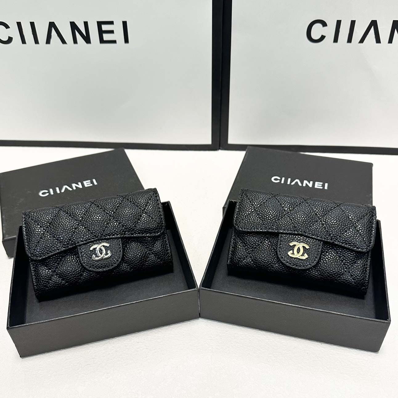 Designer Snap Flap Wallet Quilted Caviar Calfskin Leather with Signature Interlocking C Logo Gold-Tone Hardware Multiple Card Slots Bill Compartment Women Purse