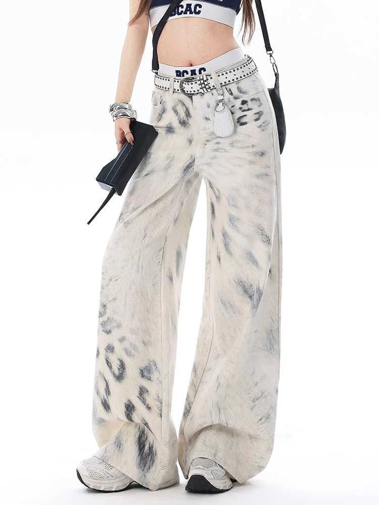 Fashion Leopard Print Jeans Women Streetwear Vintage Hippie Wide Leg Pants Female Casual Baggy Straight High Waist Jeans M260310