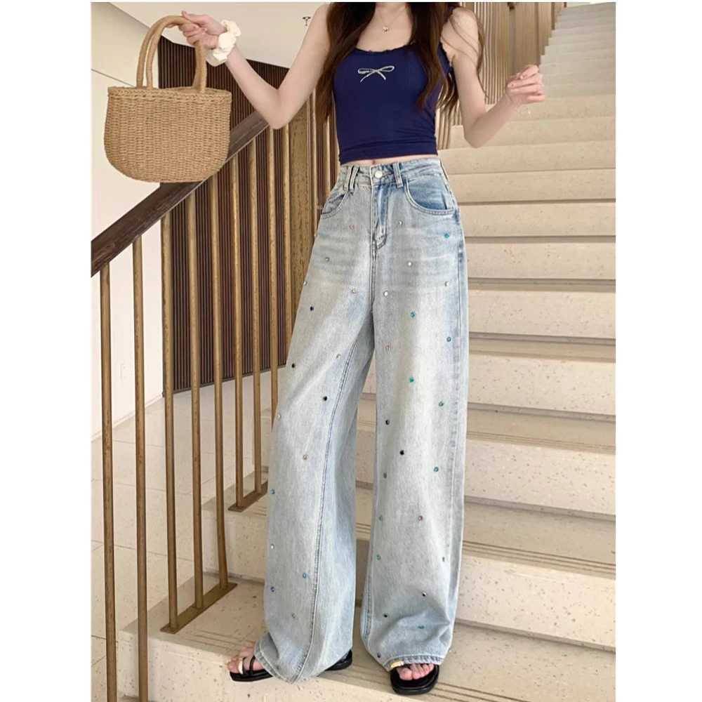 Spring New Womens Shiny Colored RhinESTone High Waist Denim Jeans Pant Washed Light Blue Wide Leg Pants CHIc Trousers M260310