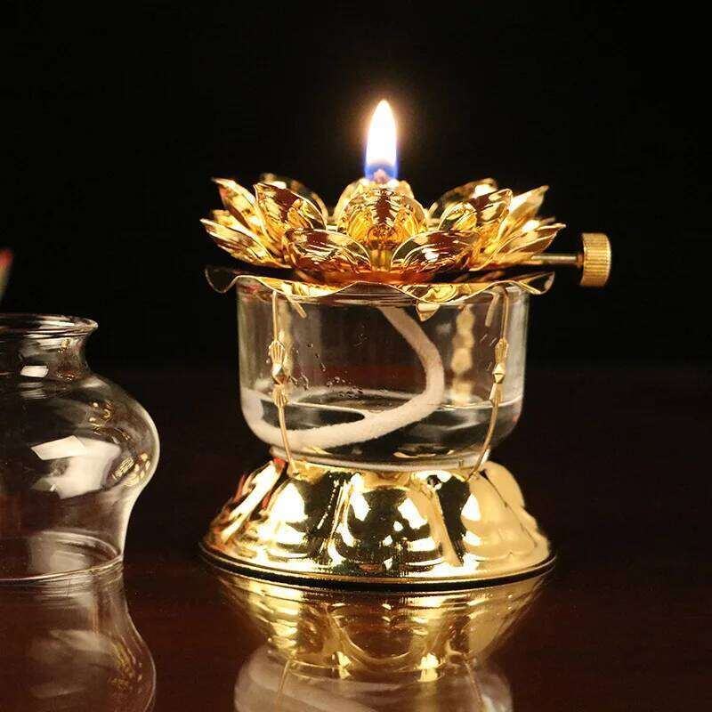 Golden Oil Lamp For Buddhist With Glass Windproof Cover Religious Items Buddha Decoration H260310