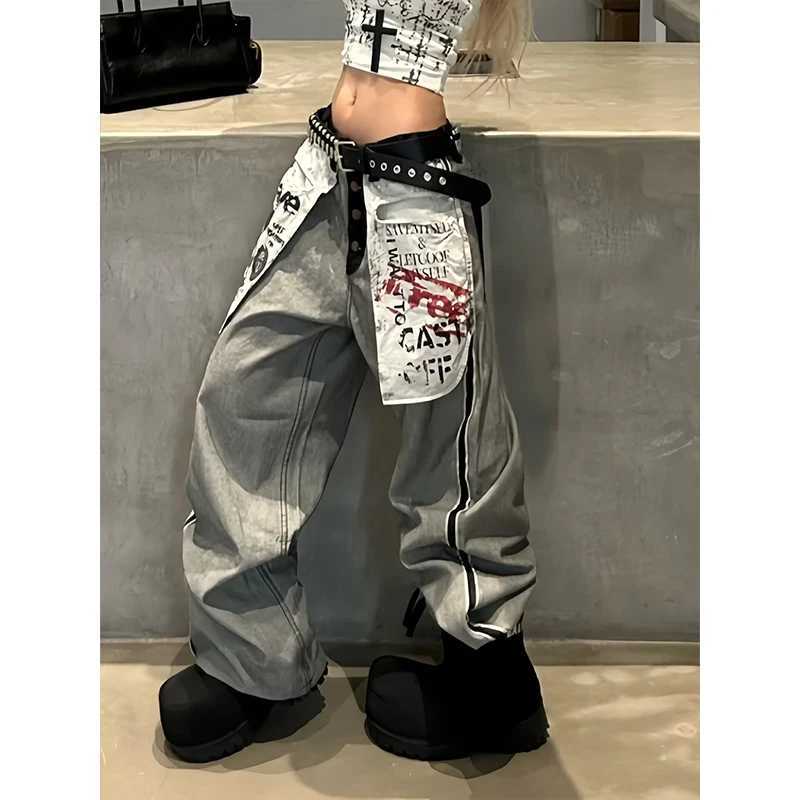 Vintage Jeans Women Pocket Printed Spliced Trousers Gothic Harajuku Loose Straight Pants Summer New Chic Trouser M260310