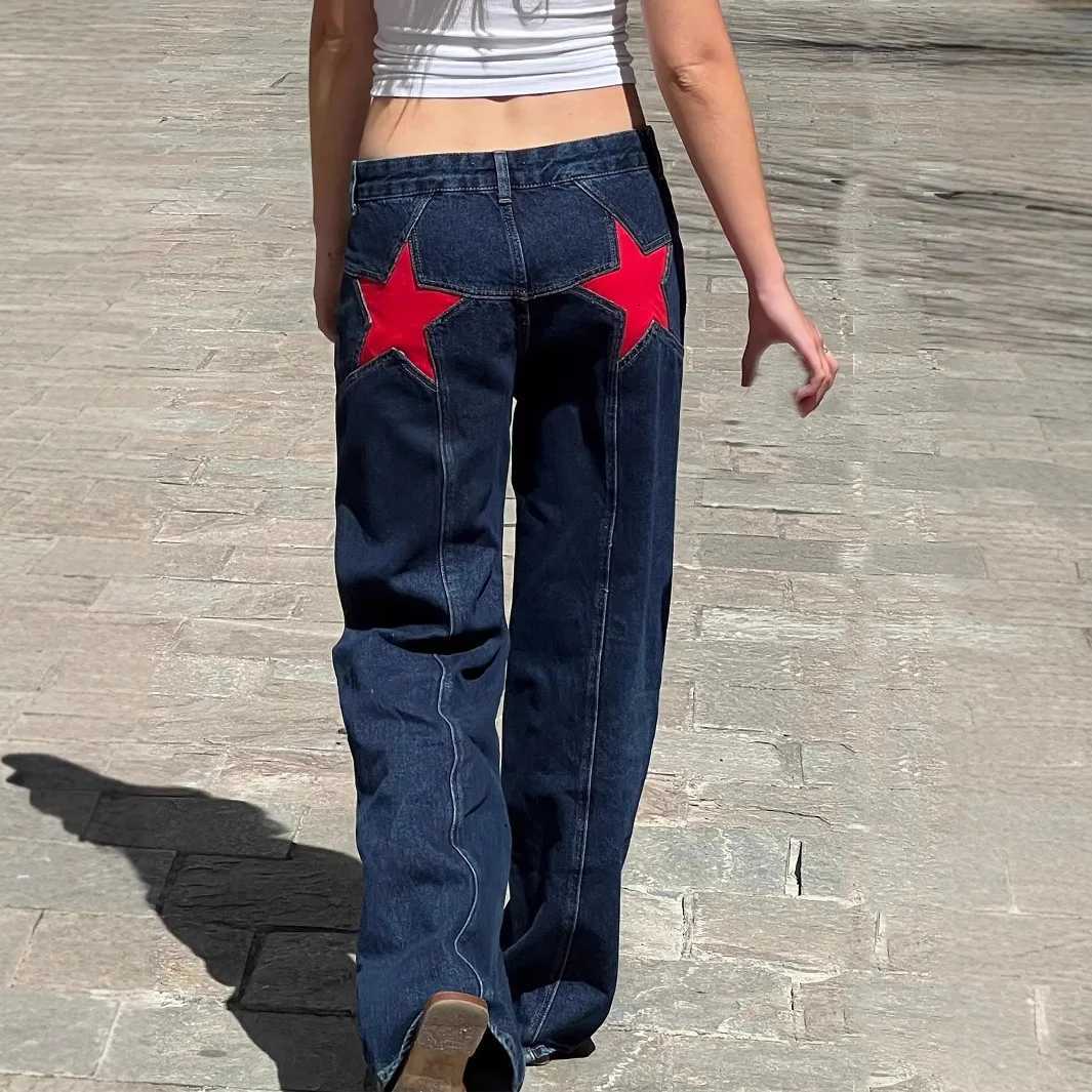 Straight Jeans Women Pentagram Pants Mid Waist Streetwear Distressed Trousers Washed Female Vintage Y2k Floor Length Denims 2026T260310