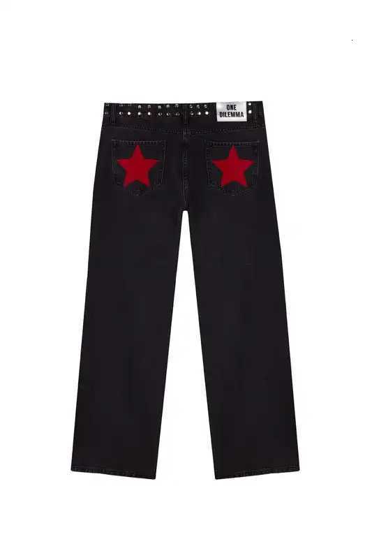 American Fashion Y2K Gothic Women Jeans Five Pointed Star Sequined Rivet Mid Rise Baggy Slim TrousersT260310