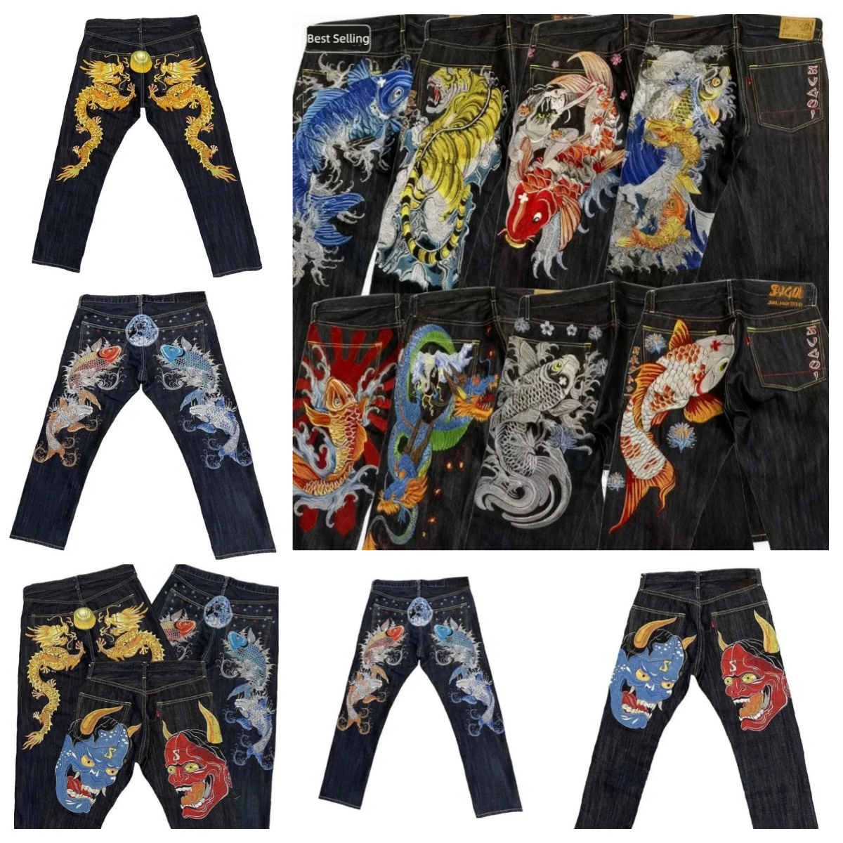 Men's Jeans Karakuri Brocade Carp Printed Jeans Harajuku American Fashion Y2K Knight Yellow Pattern Printed Summer Casual Street Trousers Hip Hop Rap Style
