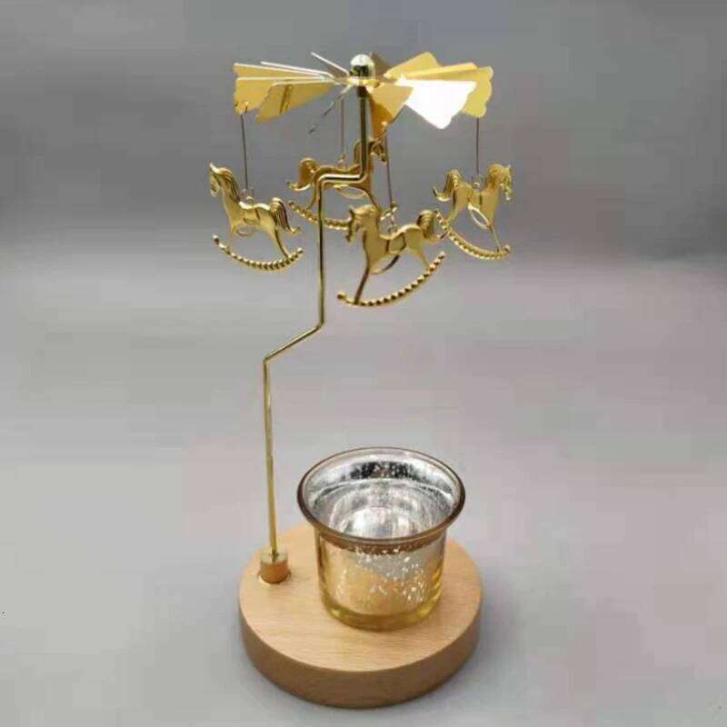 Home Rotating Candle Holder with Wooden Bottom Transit Windmill Walking Carousel Horse Lamp Sitting Tray Xmas Snowflake H260310