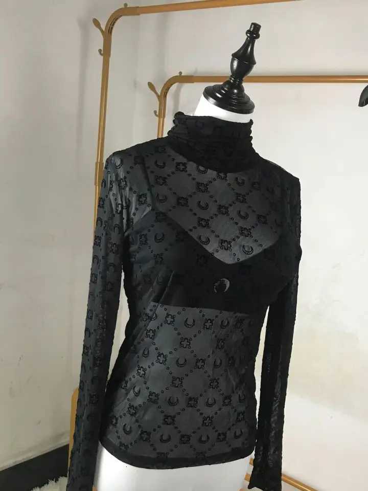 Sexy Top Womens Long Sleeve T-Shirt Moon Plush Mesh Hollow Translucent High Collar High Street Spring Solid Color VersatileT260310