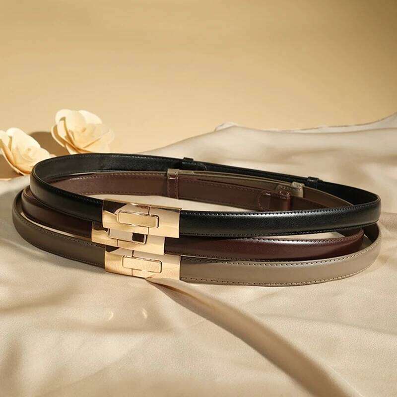 Quality High Genuine Leather Women Fashion Brand 1.8cm Width Belts Golden Lock Buckle Dress Jeans Sweater women Thin Belt H260310