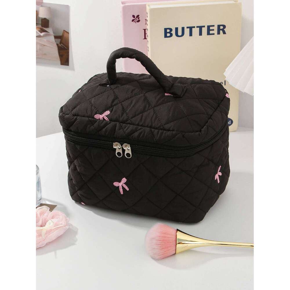 1Pc/Set Women's Bow Embroidered And Quilted Makeup Sets, Cute Macaron Color Large Capacity Cosmetic Bag,Make Up Bag XJ260310