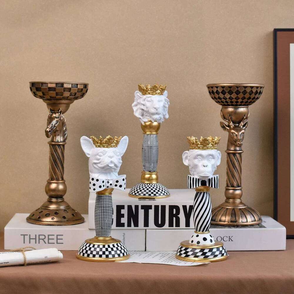 Europe Statue Holder Resin 3D Animal Head Figurine Vintage Striped Candle Stand Christmas Home Desktop Decoration H260310
