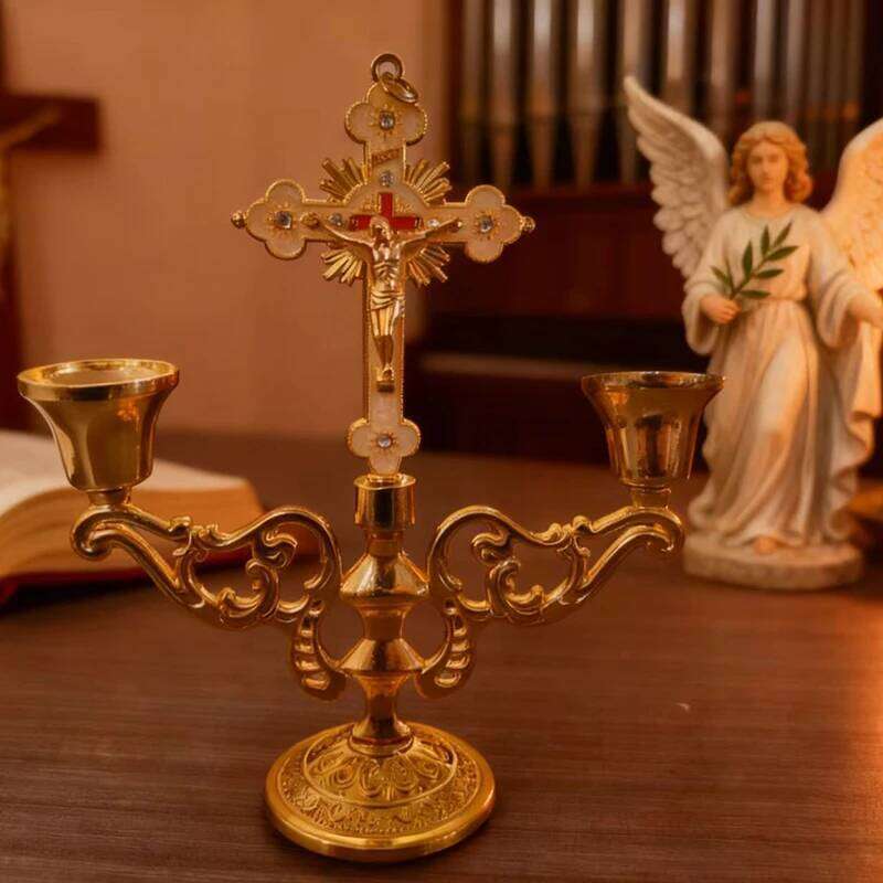 Christian Catholic Sacred Crucifix Table Stand Candlestick with Handle Metal Tabletop Candle Holder Home Furnishing Desk Gift H260310