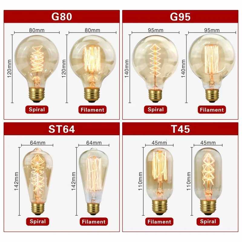 4pcs Retro Edison Bulb E27 220V 40W Light Bulb A60 ST64 T10 T45 T185 G80 G95 Filament Vintage Ampoule Incandescent Spiral Lamp H260310