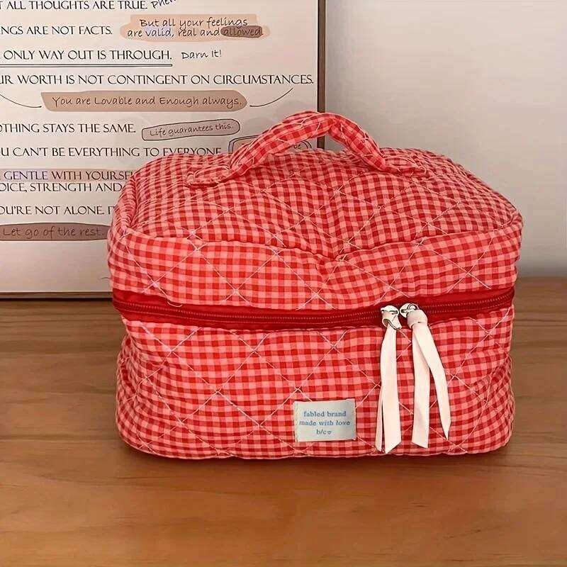 Plaid Makeup Large Capacity Portable Cosmetic For Women Girls Skincare Toiletry Bag Multifunctional Cute Wallet Pouch XJ260310