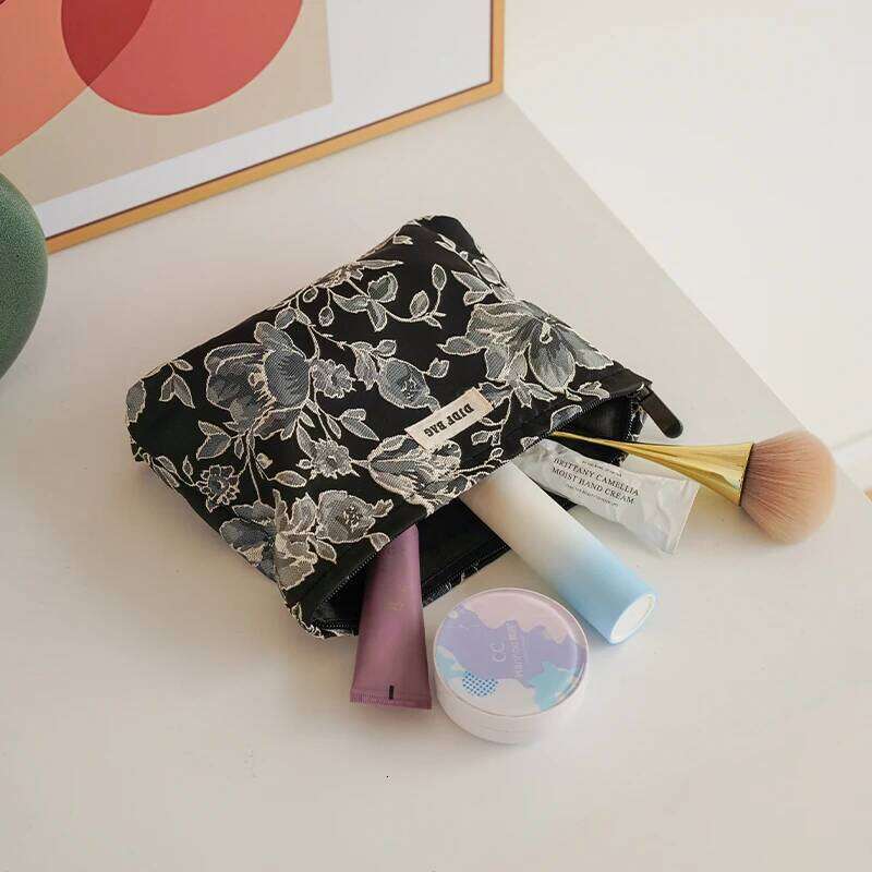 Vintage Black Flower Women's Large Capacity Cosmetic Lipstick Storage Travel Amenity Convenient Handy Bag XJ260310