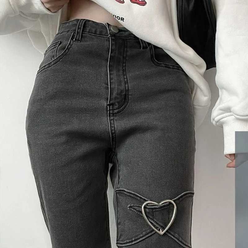 Jeans for Women Vintage Black Denim Flare Pants Streetwear High Waist Slim Mom Trouser Harajuku Y2K Pants M260310