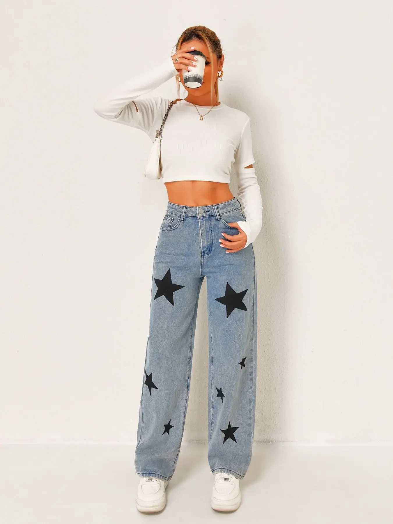 Women High Waist Star Print Wide Leg Baggy Denim Pants Trendy New FashionT260310