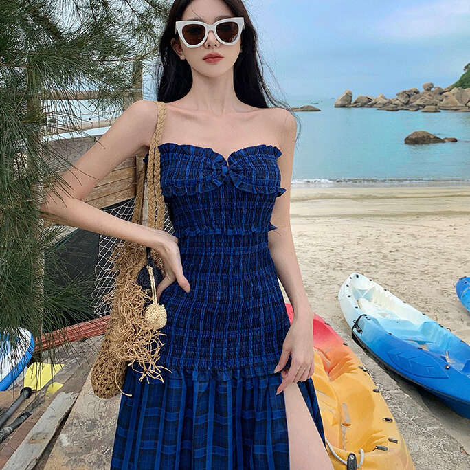 2026 Spring and Summer New Checkered Niche Design Annual Meeting Strapless Dress Elegant Long Dress
