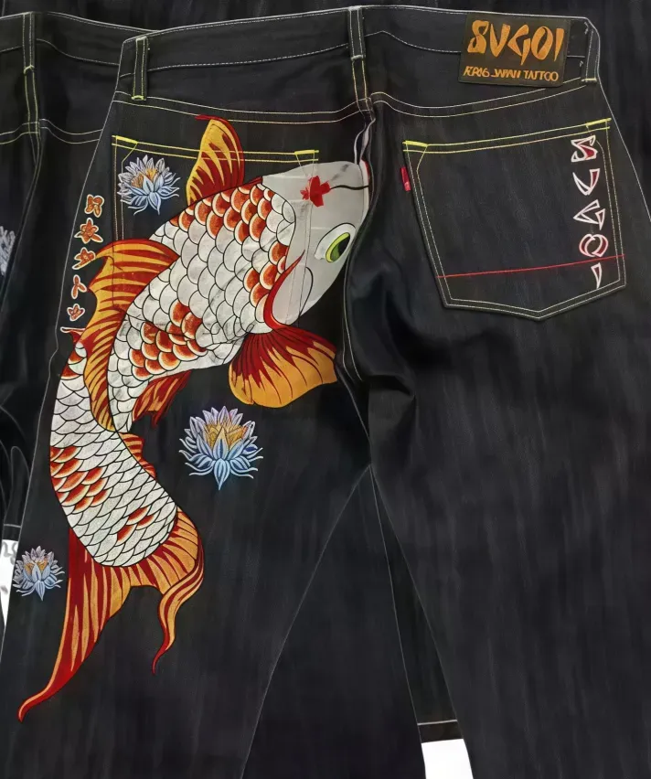 Men's Jeans Karakuri Brocade Carp Printed Jeans Harajuku American Fashion Y2K Knight Yellow Pattern Printed Summer Casual Street Trousers Hip Hop