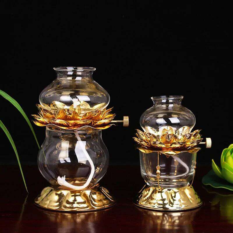 Golden Oil Lamp For Buddhist With Glass Windproof Cover Religious Items Buddha Decoration H260310