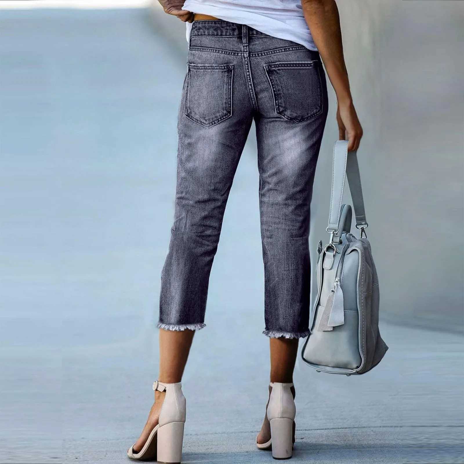 Ladies Fashionable Slim Fitting Ripped Trendy Jeans Summer Streetwear Casual Distressed Stretchy Denim Pants M260310