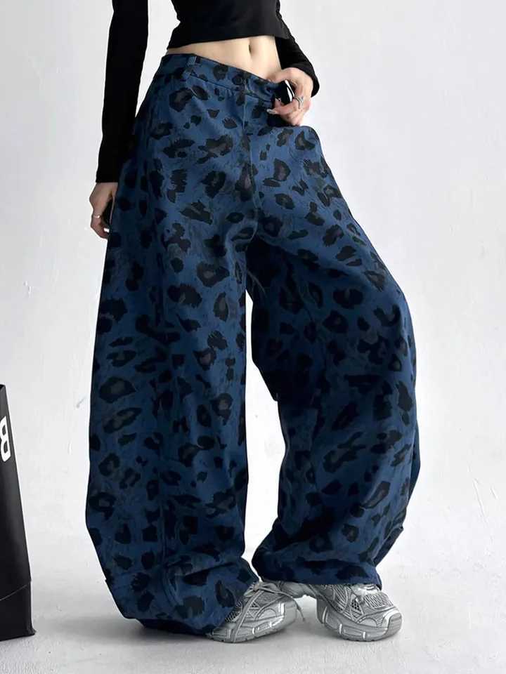 American Y2K Blue Leopard Jeans Women Vintage Casual High Waist Loose Denim Pants Harajuku Hip Hop Retro Bf Spring Trousers New M260310