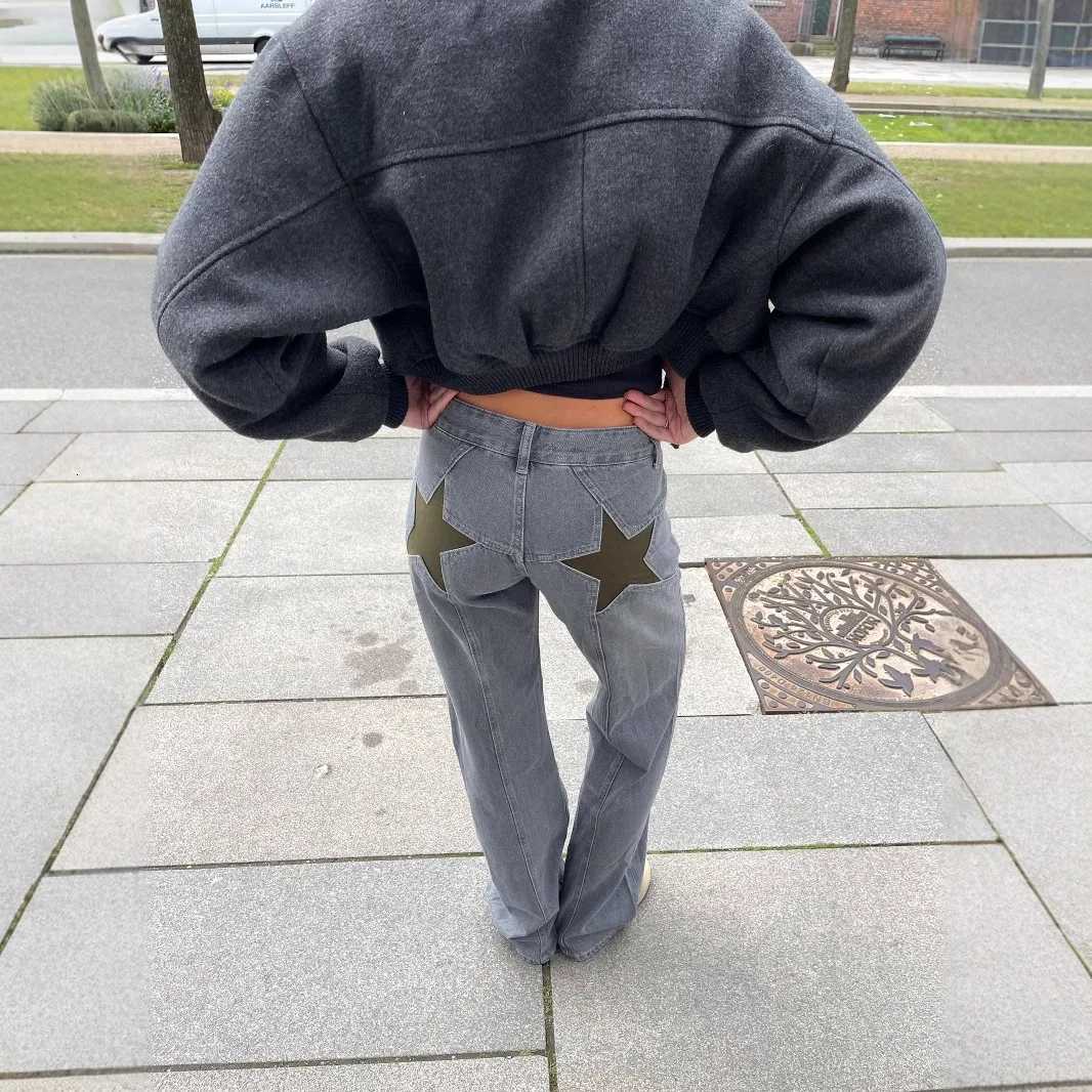 Straight Jeans Women Pentagram Pants Mid Waist Streetwear Distressed Trousers Washed Female Vintage Y2k Floor Length Denims 2026T260310