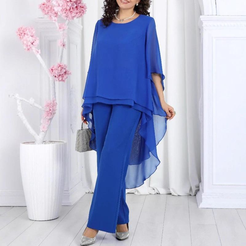 2025 Womens Loose Casual Solid Color Chiffon Top 2Piece Set 240829