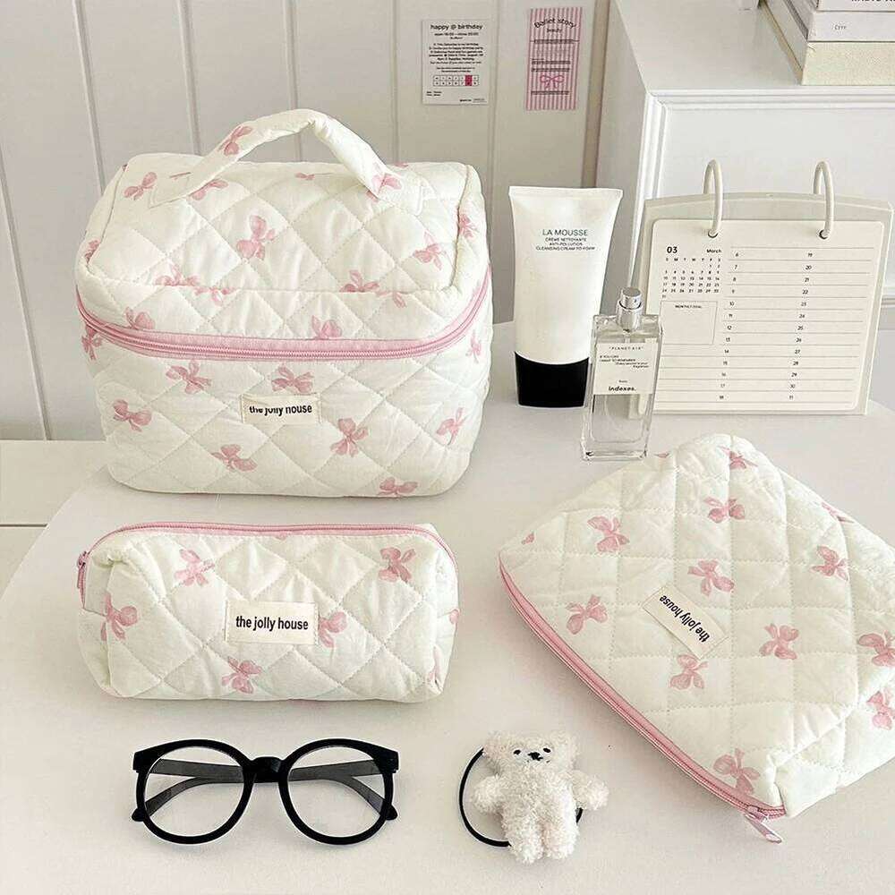 Cute Bow Toiletry with Zipper Makeup Storage Bag Cotton Quilted Cosmetic Organizer Case for Women and Girls XJ260310