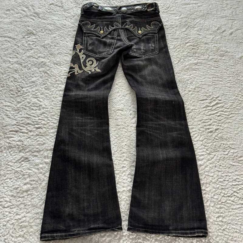 HOUZHOU Vintage Embroidery Patchwork Women Flared Jeans Y2k Harajuku Wide Leg American Style Denim Pants Baggy Punk Streetwear M260310