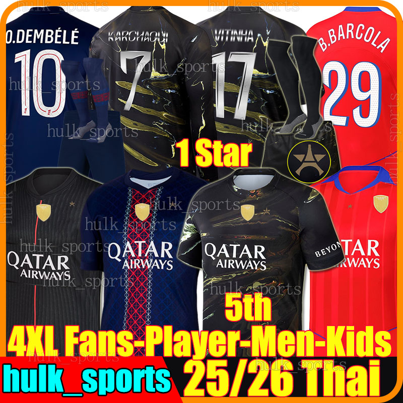 4XL 25/2026 KVARATSKHELIA 5th soccer jerseys O.DEMBELE B.BARCOLA D.DOUE VITINHA JOAO NEVES MARQUINHOS HAKIMI PACHO G.RAMOS SAFONOV football shirt Men Kids Kit socks set