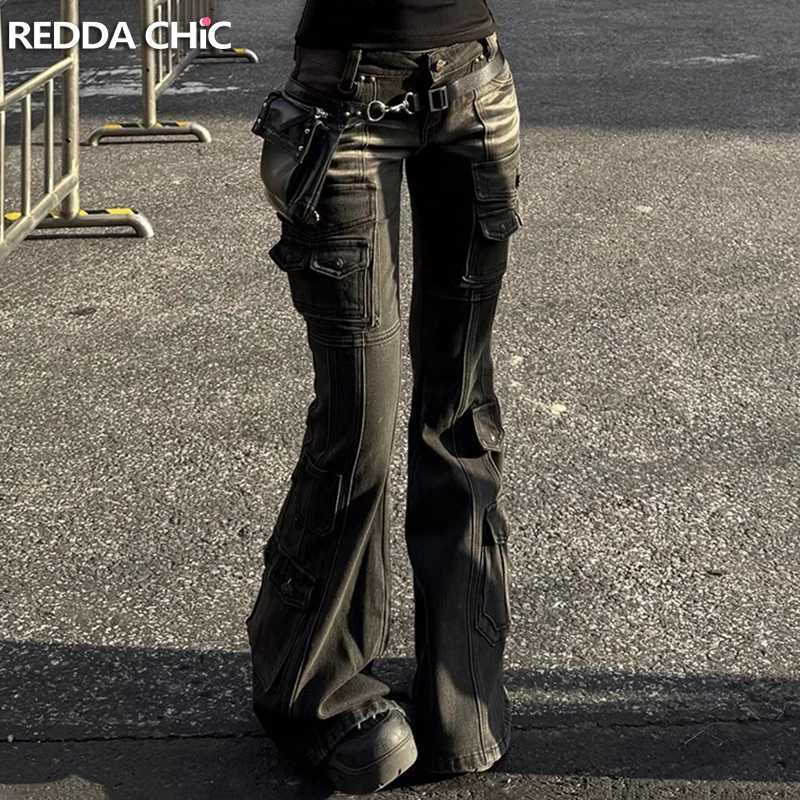 REDDACHiC Black Low Waist Cargo Jeans 2000s Distressed Whiskers Multi-pocket Stretch Bootcut Pants Women Retro Grunge Streetwear M260310