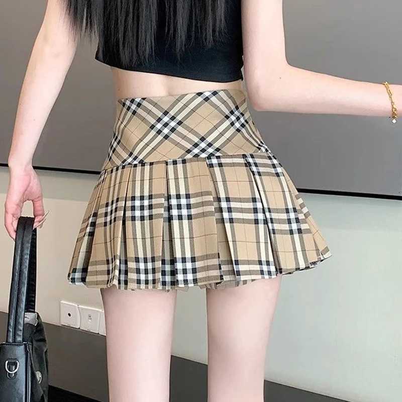 Women High Waist A-Line Wrap Hip Skirt Summer Slim Thin Korean Coffee Plaid Designer SkirtT260310
