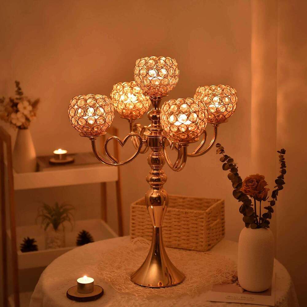 Crystal Metal 5-Arms Candelabra Candle Holders for Dining Room Table Centerpieces Wedding Party Holiday Home Decoration H260310