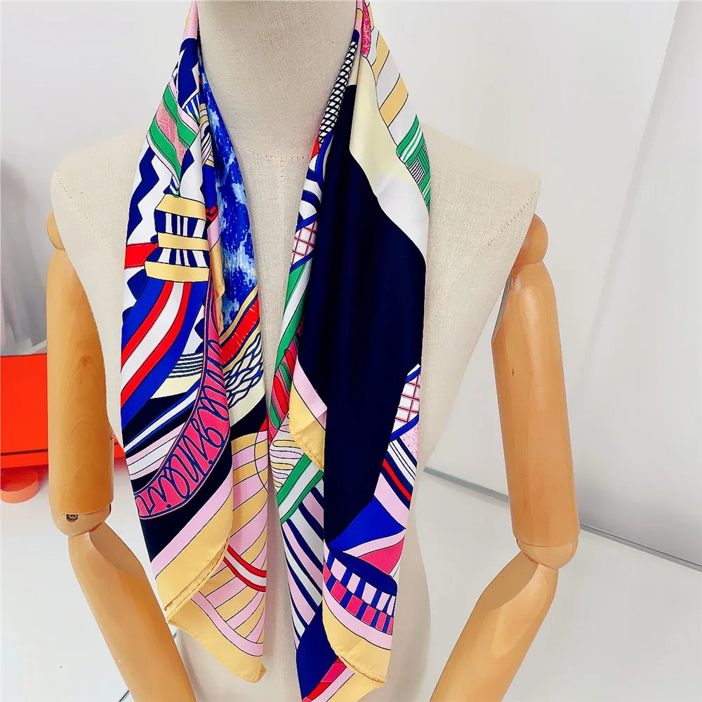 Saddle Print Twill Silk Scarf Women 90CM Square Scarves Wraps Shawl y Hijabs Bandana Handmade Curled Silk Head Scarf 260309