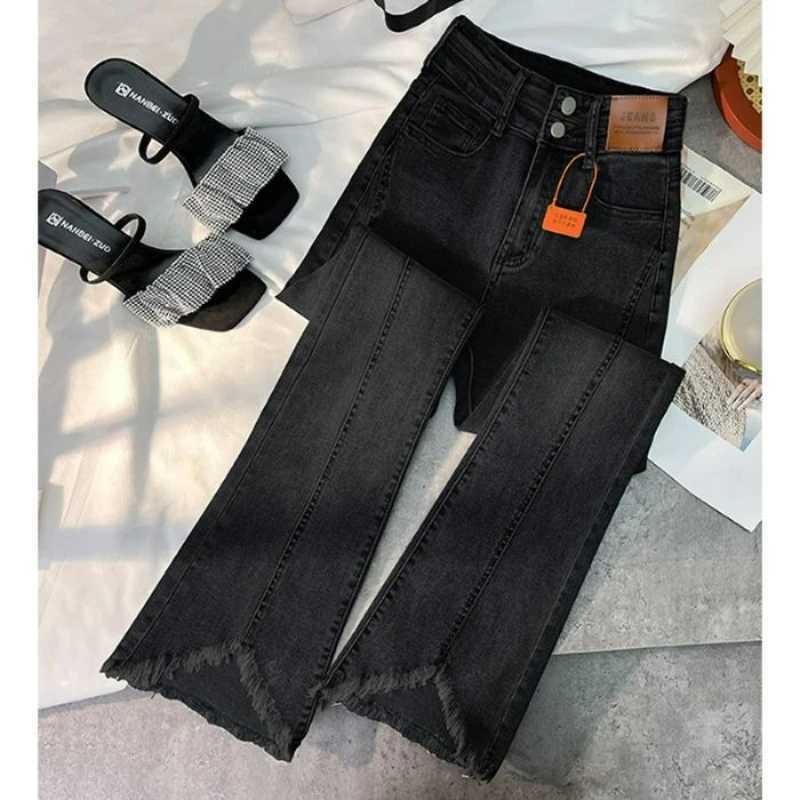 Women Autumn Y2K Slim Flared Denim Trouser Raw Edge Vintage Sexy Minimalist Pant Grunge High Waist Solid High Street Retro Jeans M260310