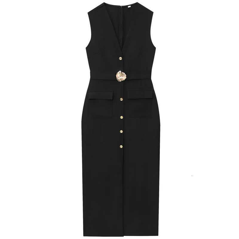 HXAO Womens Dresses Midi Black Dress Summer 2025 Elegant Casual Female Belt Button Slveless Long Dresses Chic Resort Vestidos X260310