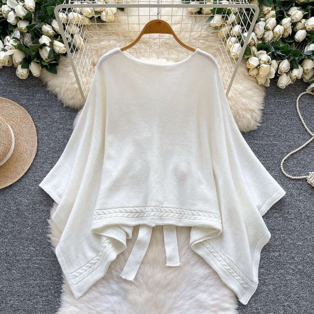 2026 casual fashion high-end tie waist off shoulder cape knitted women's sweater autumn loose fit versatile asymmetric