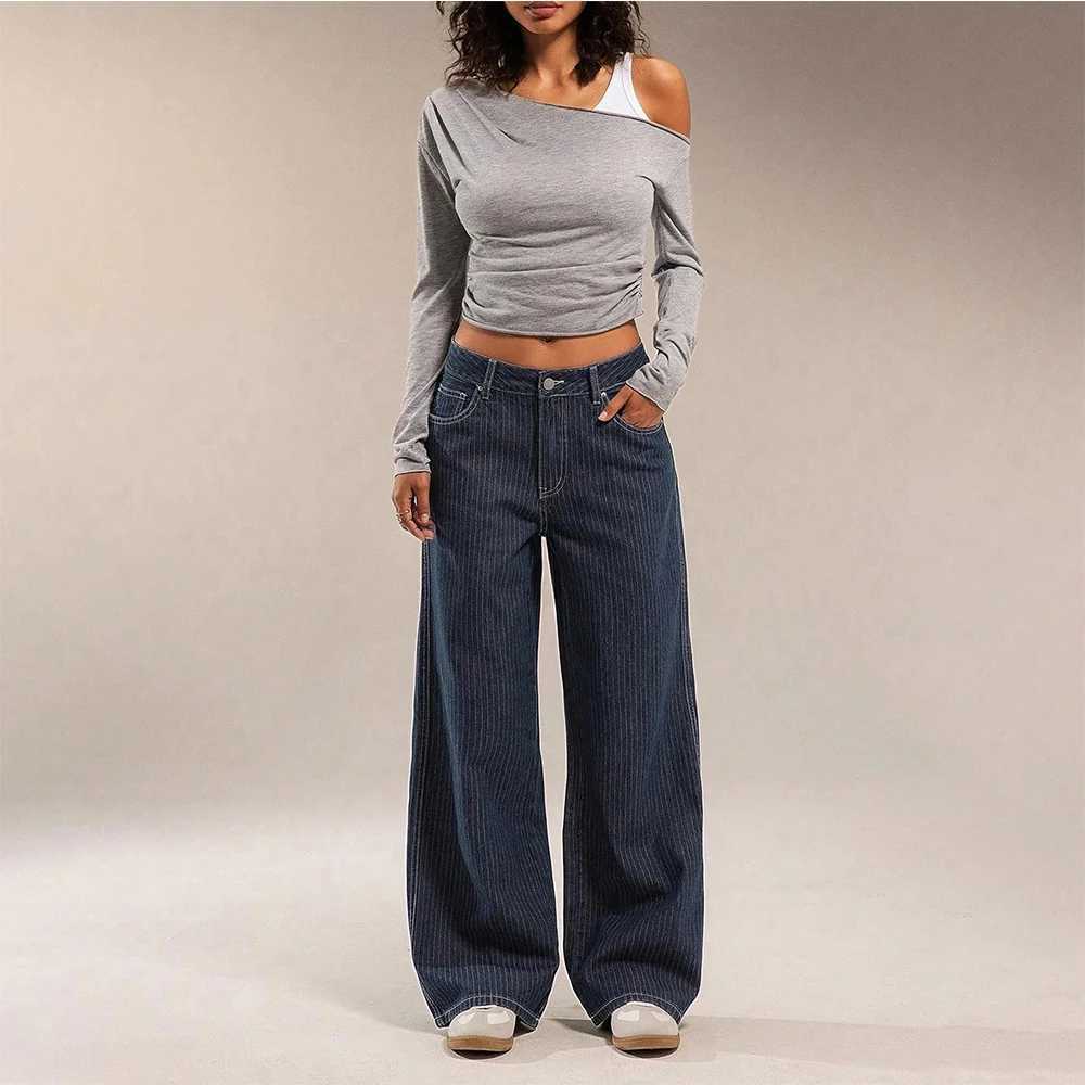 Women Mid Waist Jeans Spring Autumn Daily Matching Comfy Loose Wide Leg Trousers Fashion Stripe Straight Leg Denim Fabric Pants M260310