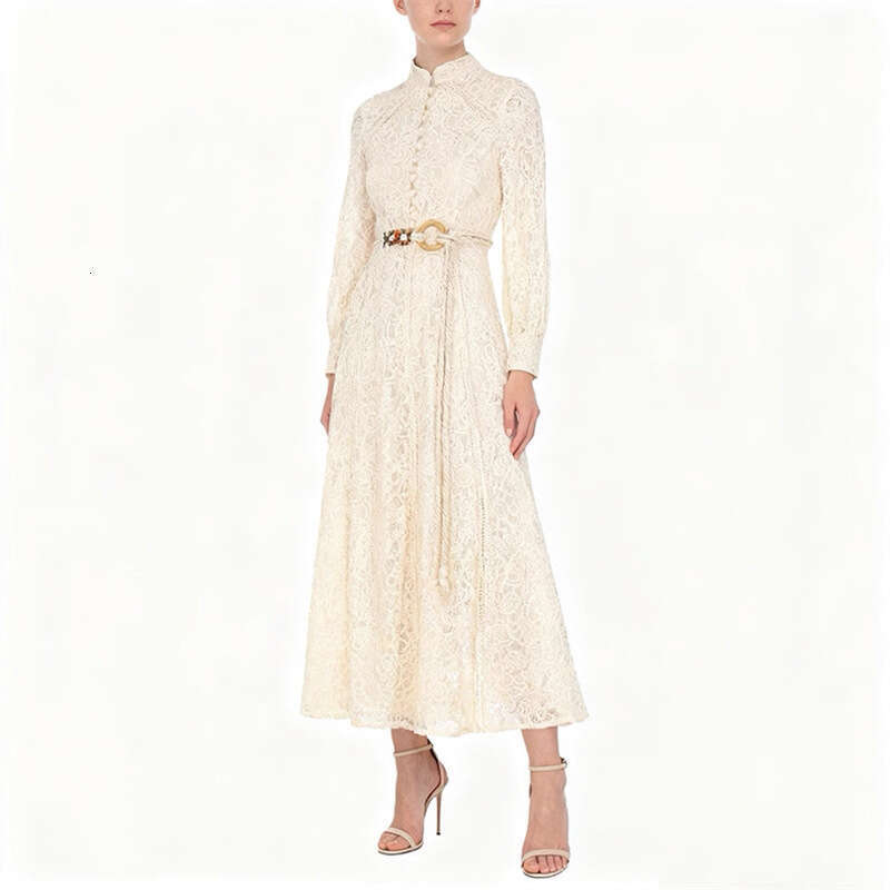 2026 Spring and Summer European and American Fashion Elegant Simple Solid Color Hollow Lace Goddess Long Skirt