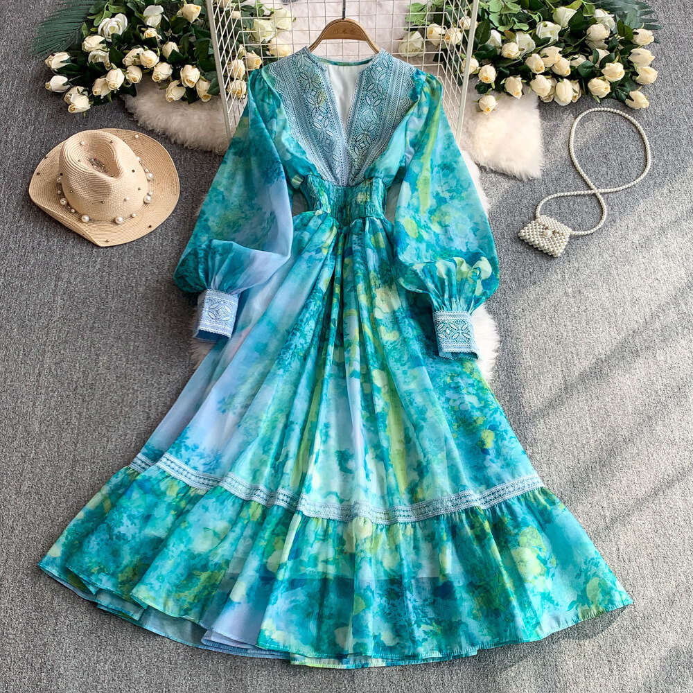Women's cross-border French elegant lace patchwork V-neck lantern sleeve dress with summer print waistband