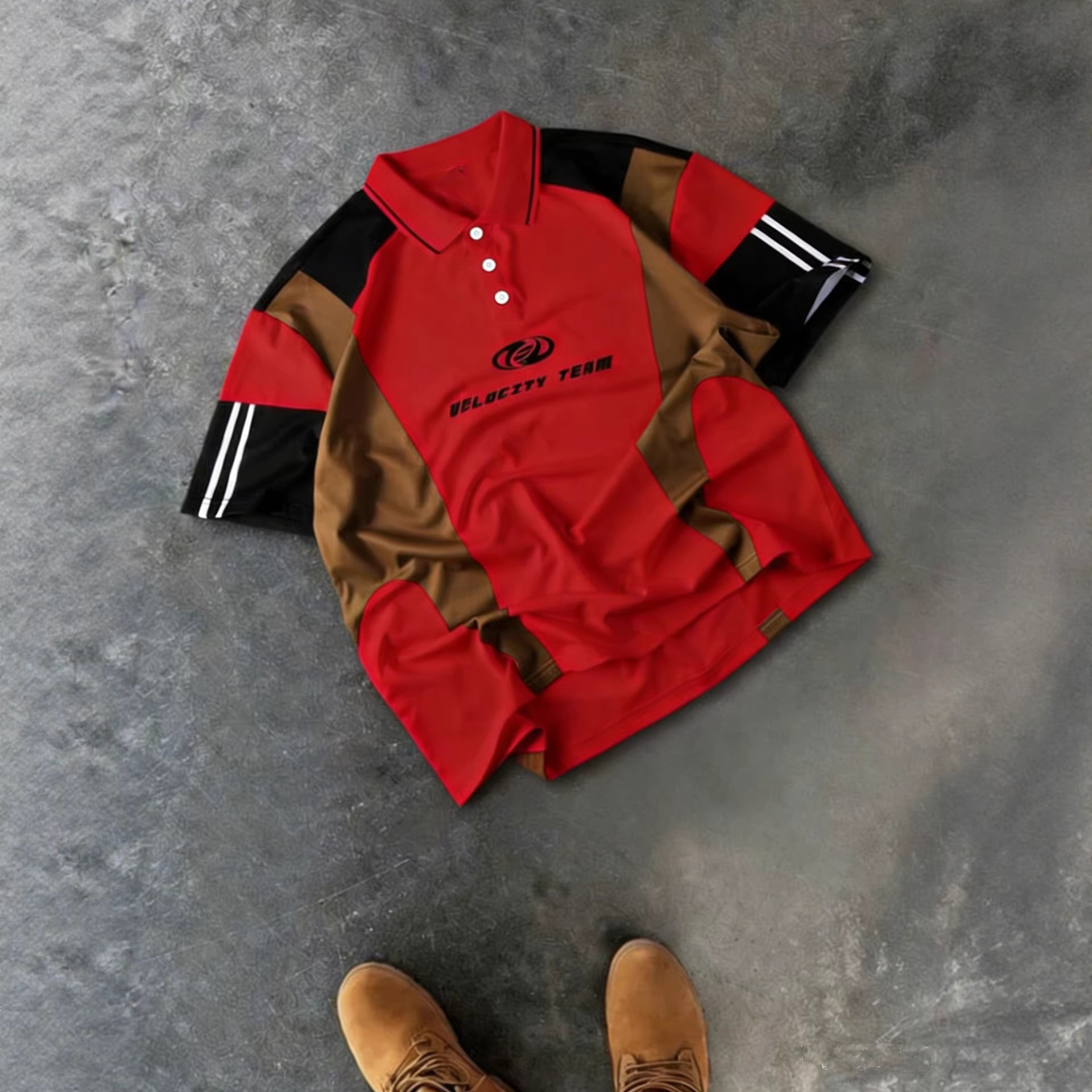 Luxury Brand Designer Clothes Trendy Sporty Style Polo Shirt For Men, Loose Fit, Versatile, Pink And White Color Block Design, Casual And Breathable S