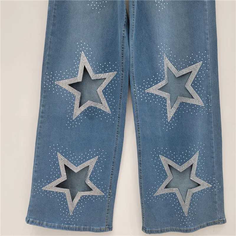 ANJY Autumn New Women Jeans Heavy Craft Studded Diamonds Hollow Out Star Straight High Street Trendy Denim Wide Leg Pants A10277T260310
