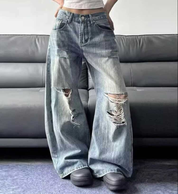 2025 Summer High Waist Ripped Womens Blue Jeans American Vintage Streetwear Y2K Wide Leg Jean 2000s Trouser Baggy Denim Pants M260310