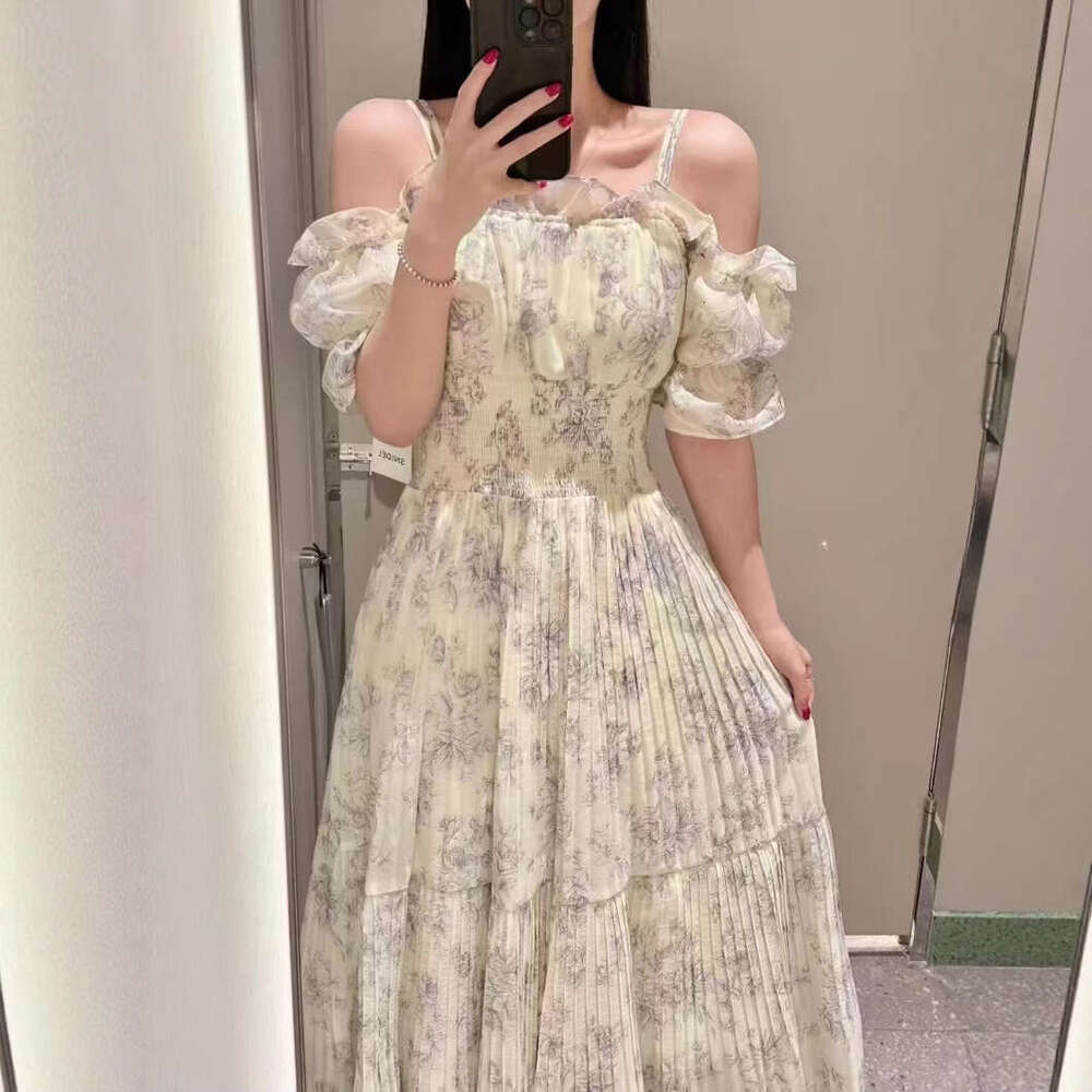 2026 Spring/Summer New Designer Fashion Single Shoulder Off Shoulder Ruffle Printed Women's Hundred Fold Skirt