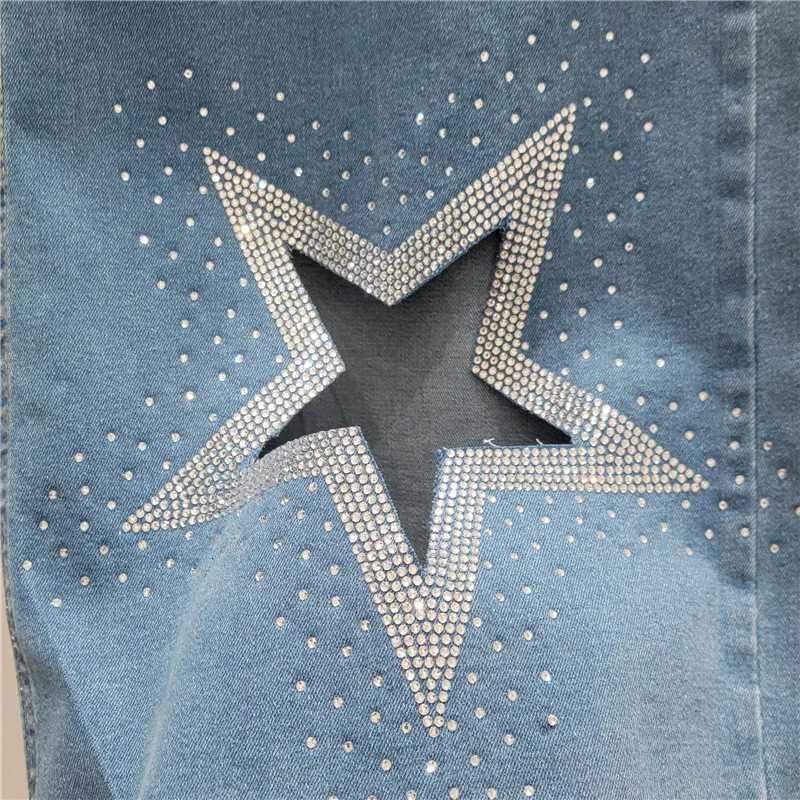 ANJY Autumn New Women Jeans Heavy Craft Studded Diamonds Hollow Out Star Straight High Street Trendy Denim Wide Leg Pants A10277T260310