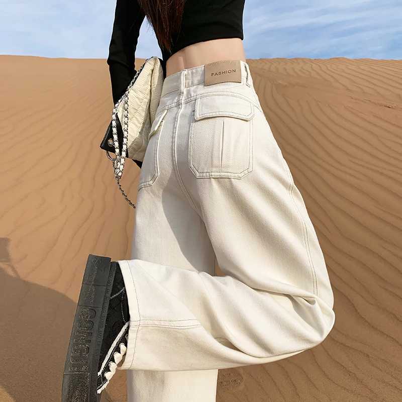 Womens Back Pocket High Waist Curved Leg Jeans Wide Leg Loose Slimming Straight Floor Length Pants M260310