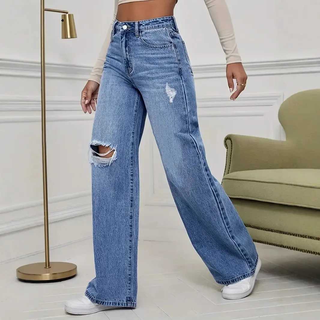 Hole Jeans Women Denim Wide Leg Pants Vintage Distressed Ripped Trousers 2025 Streetwear High Waist Washed Pockets Floor Length M260310